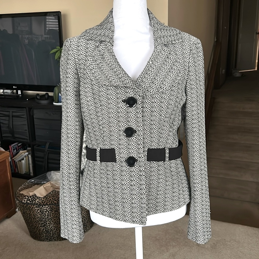 Kasper Black and Cream Blazer with Notched Lapel and Faux belt